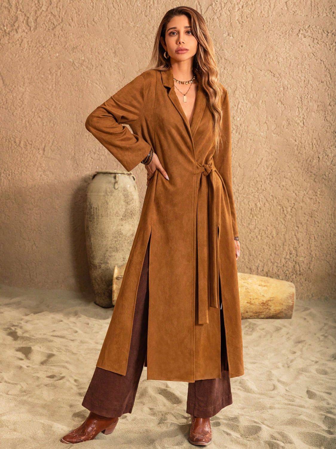 Model wearing brown slit tied collared neck longline coat