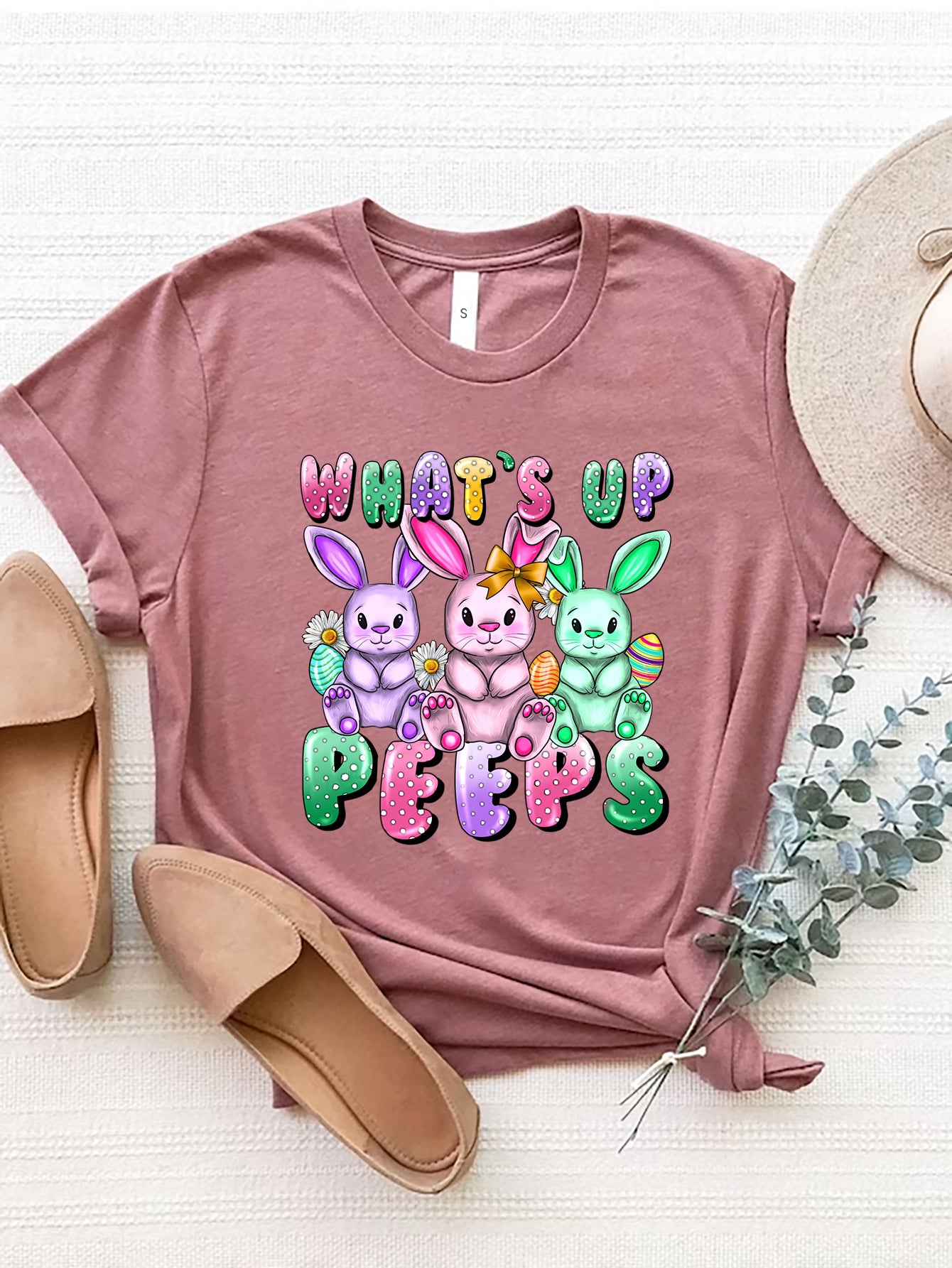 Mauve graphic round neck short sleeve t-shirt with bunny design