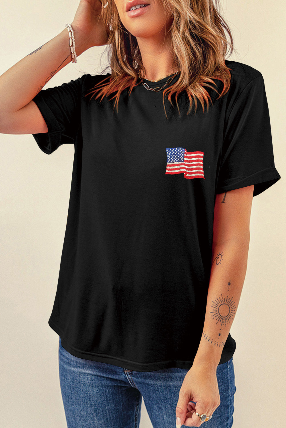 Casual black T-shirt featuring US Flag design.
