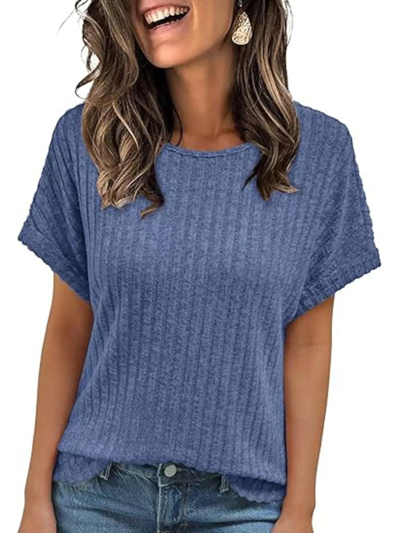 Casual Ribbed Knit Short Sleeve T-Shirt