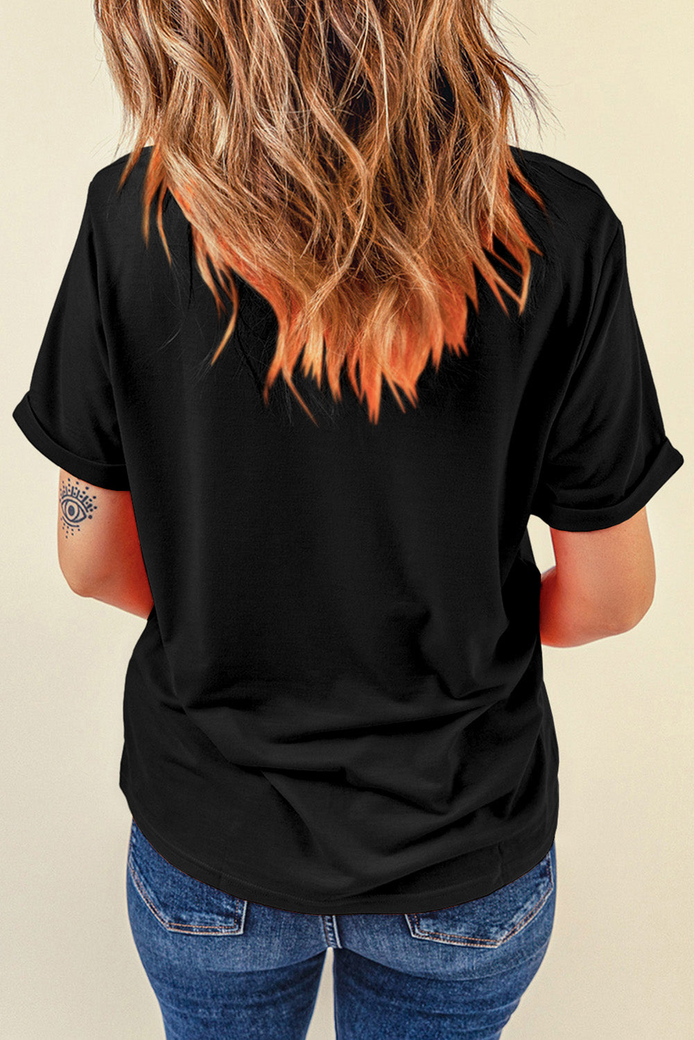 Back view of black round neck short sleeve T-shirt