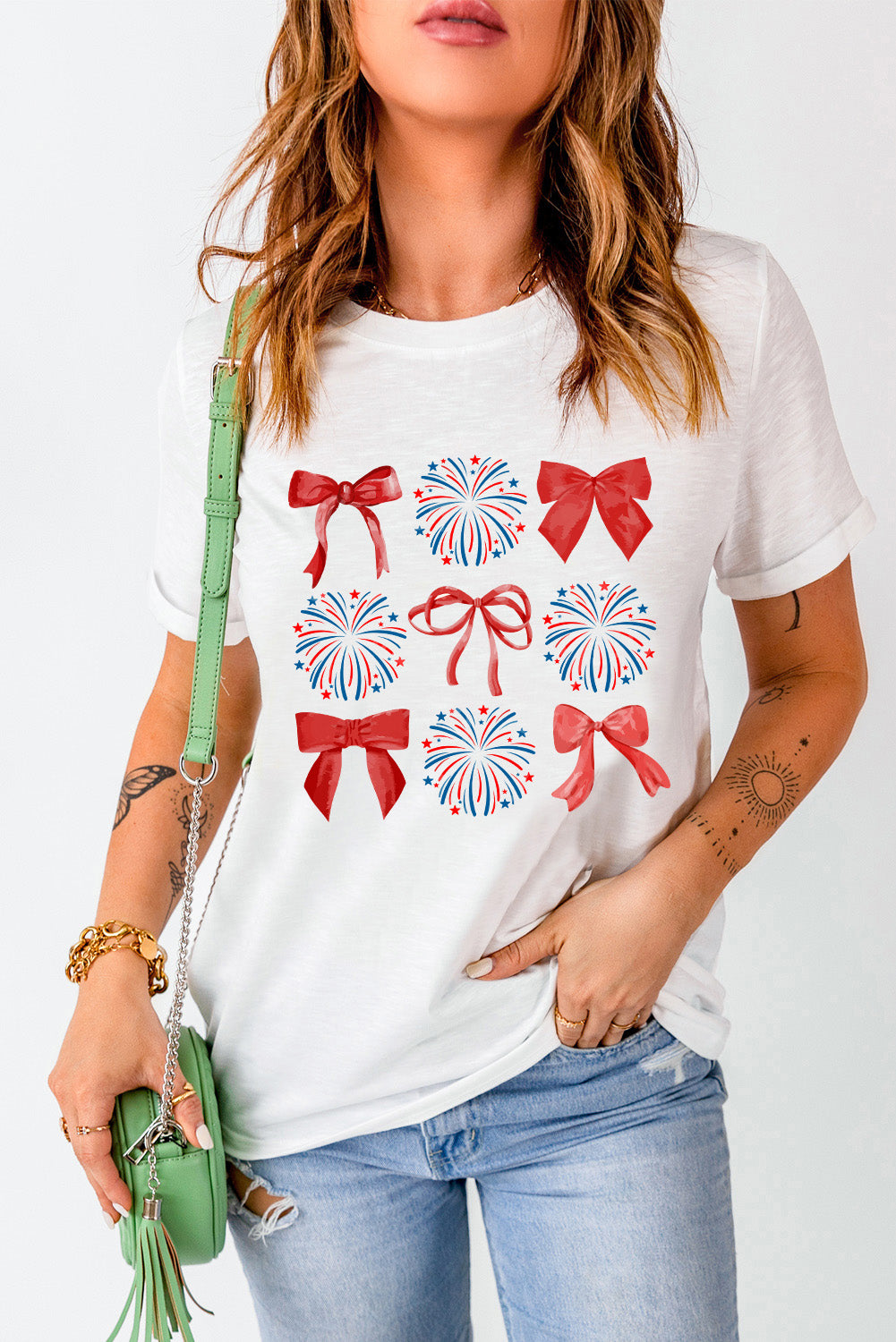Bow graphic round neck short sleeve T-shirt, styled with jeans