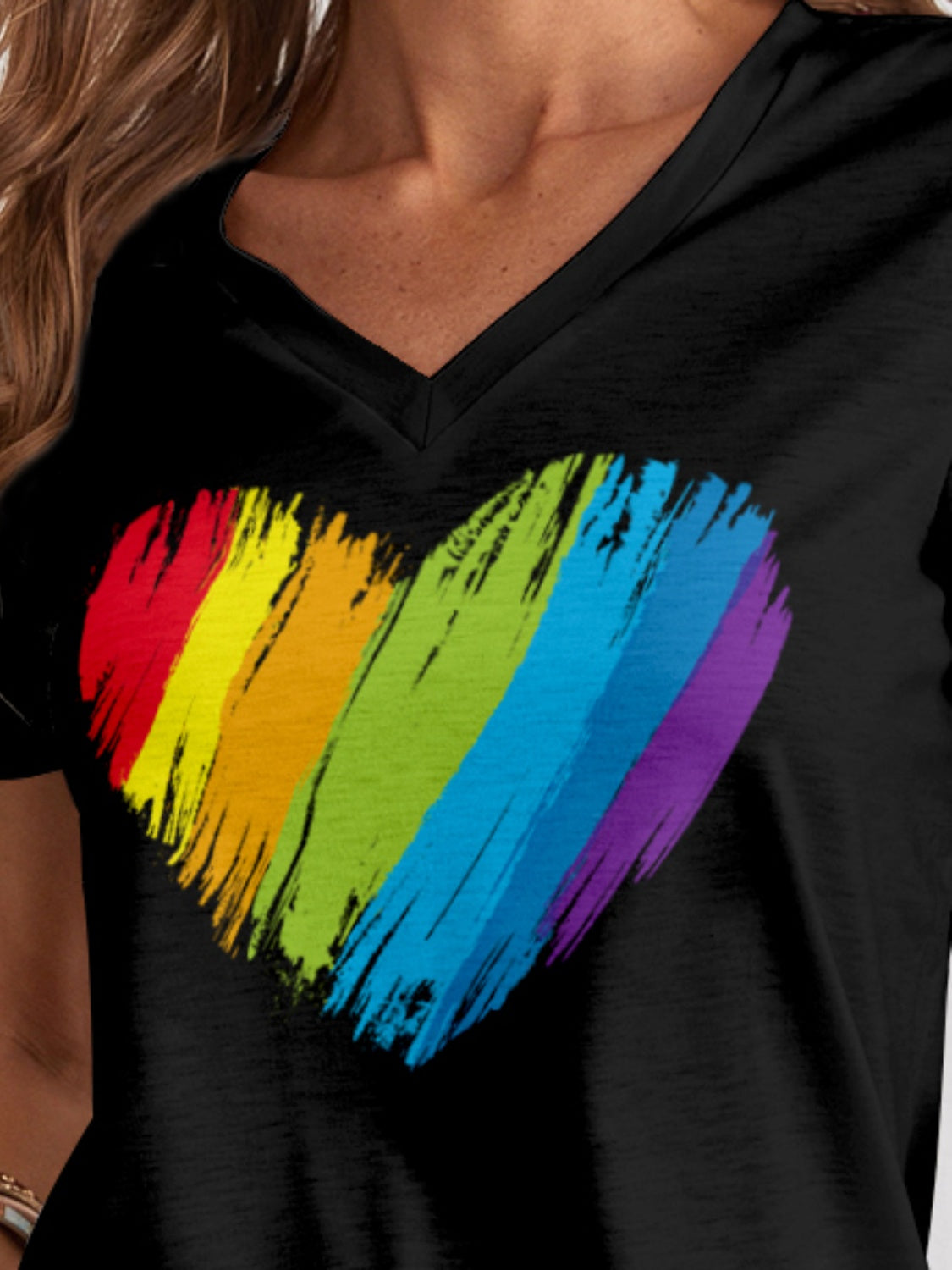 Close-up of rainbow heart on V-Neck T-Shirt