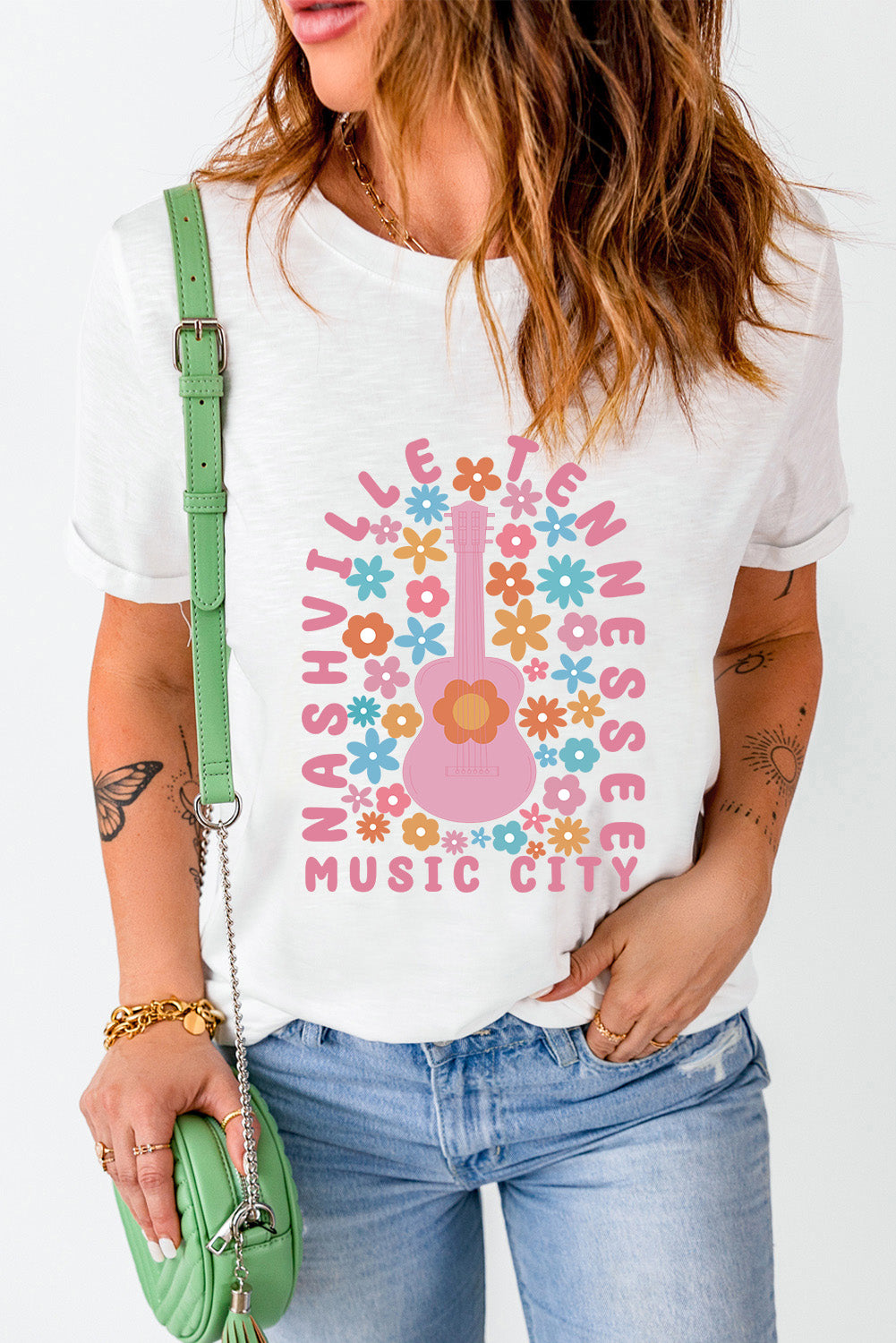 Round neck T-shirt with Nashville Tennessee Music City print