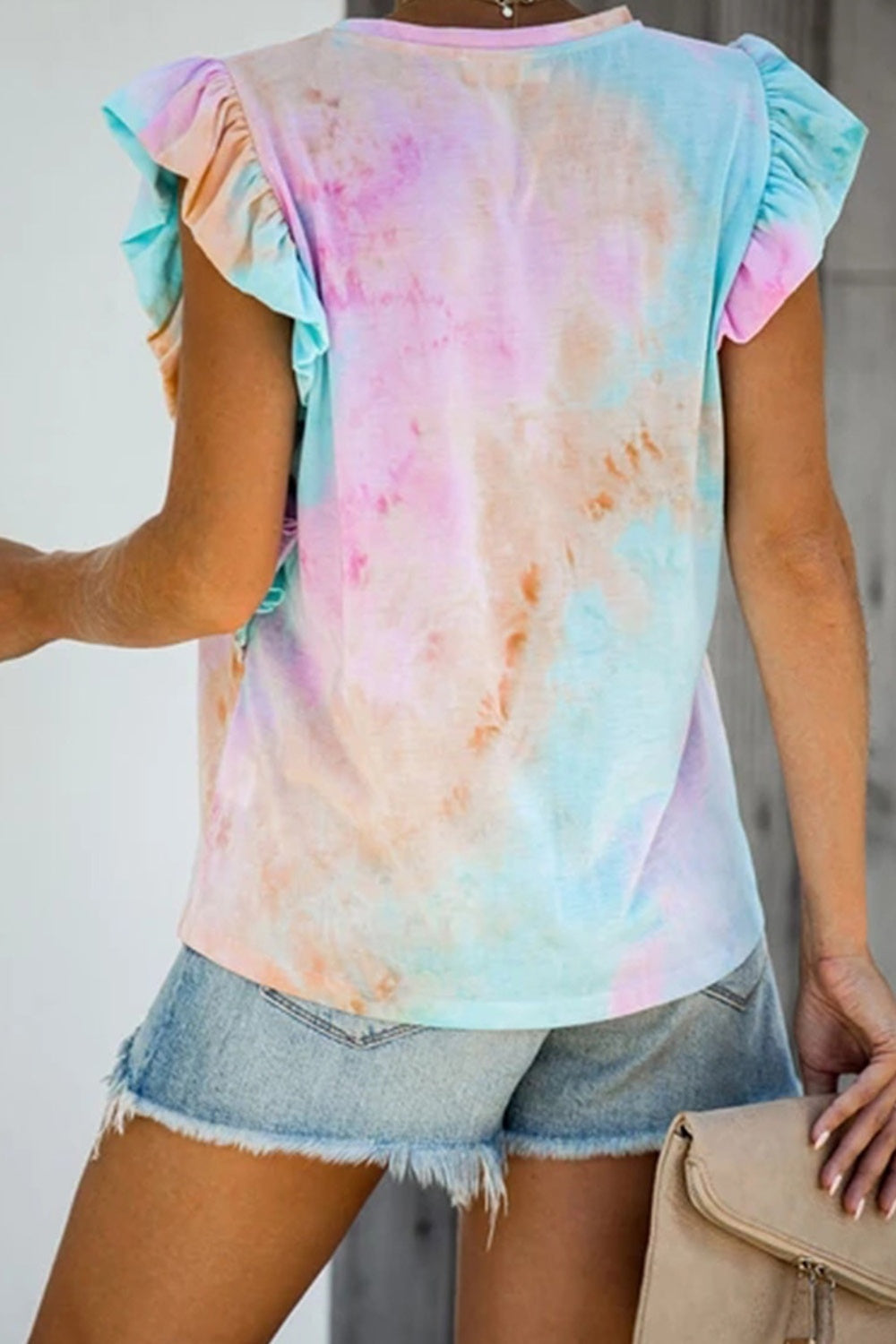 Pastel tie-dye ruffled round neck cap sleeve T-shirt back view