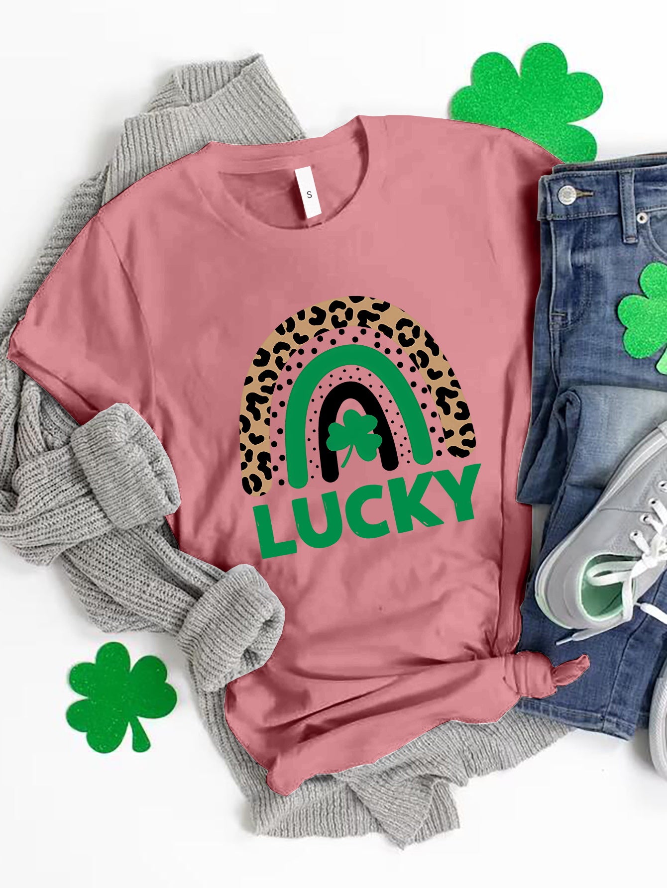 Pink LUCKY round neck short sleeve t-shirt with rainbow design
