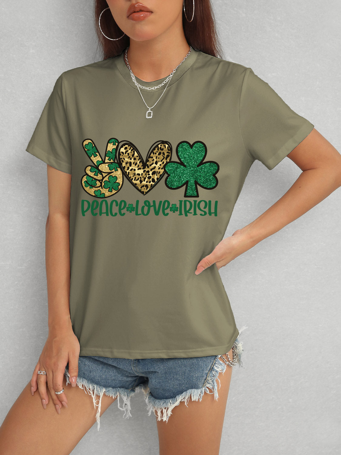 Olive Peace Love Irish T-Shirt with shamrock design