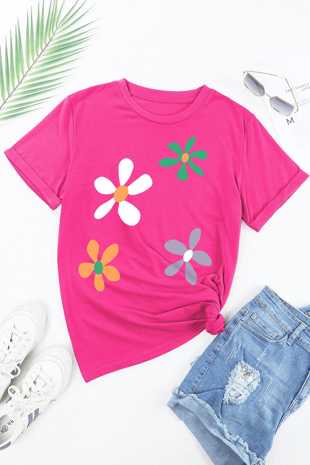 Pink flower round neck short sleeve t-shirt styled with jeans