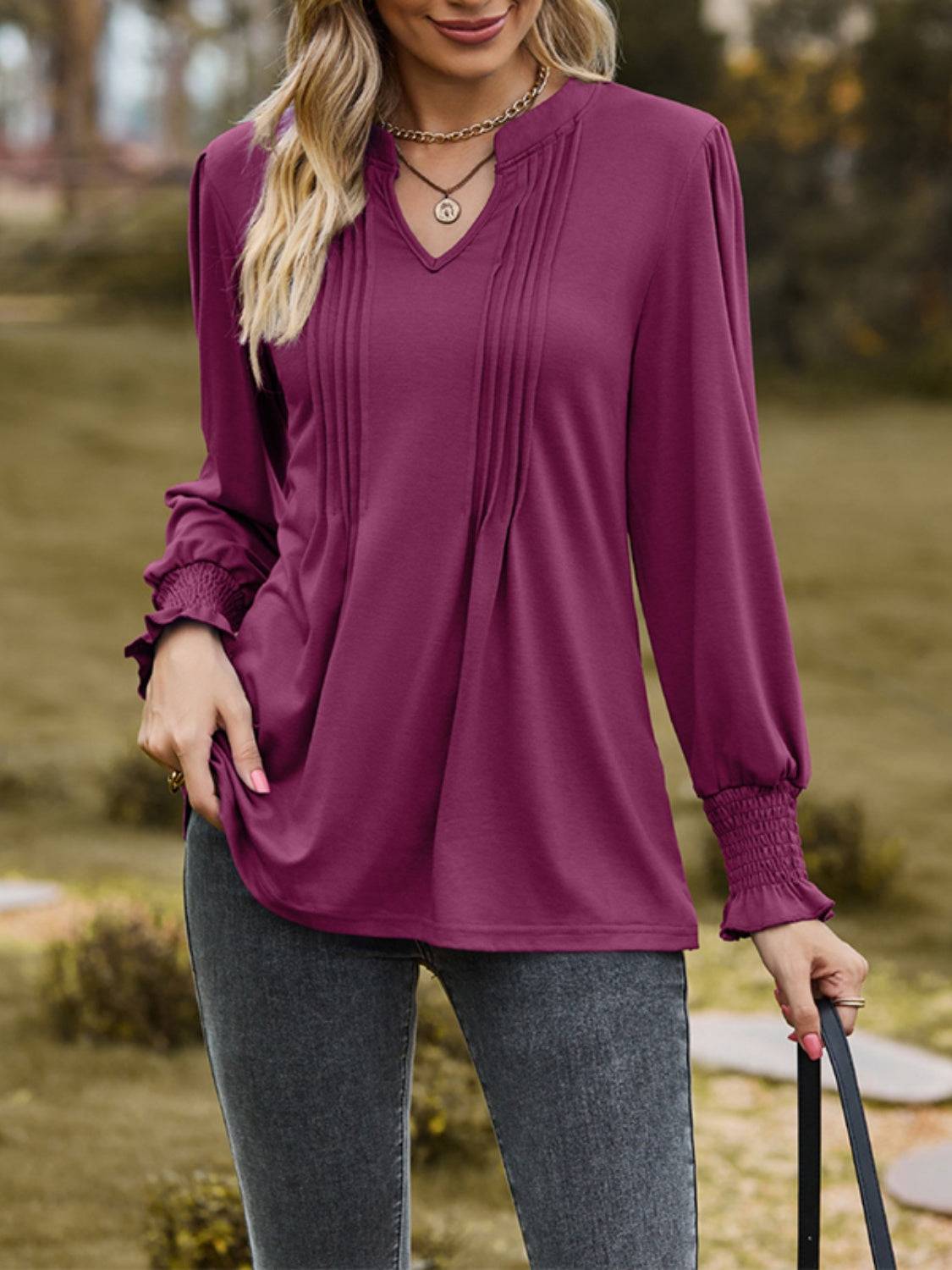 Purple ruched notched long sleeve T-shirt detailed view