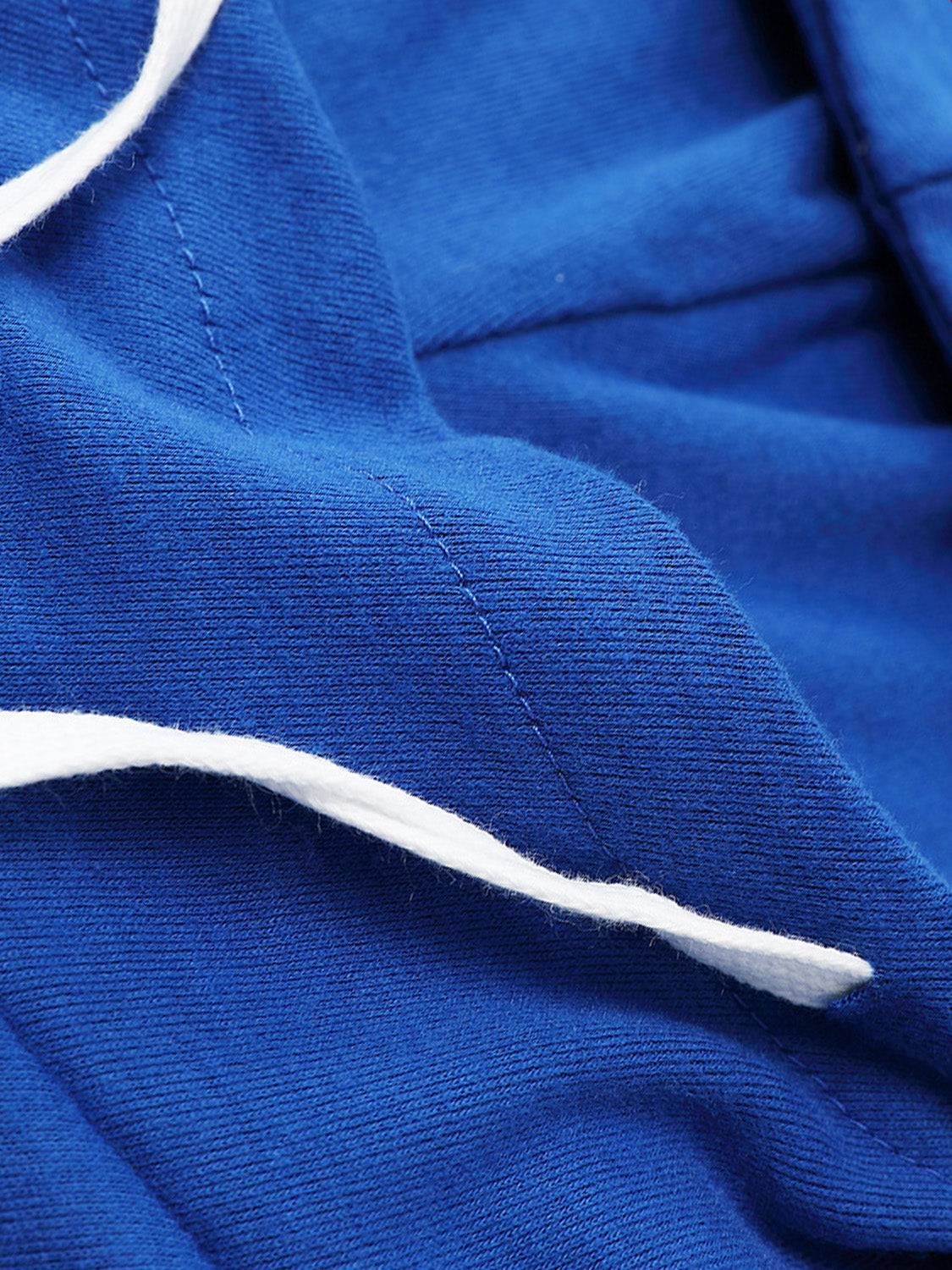 Close-up of blue hoodie fabric and drawstring