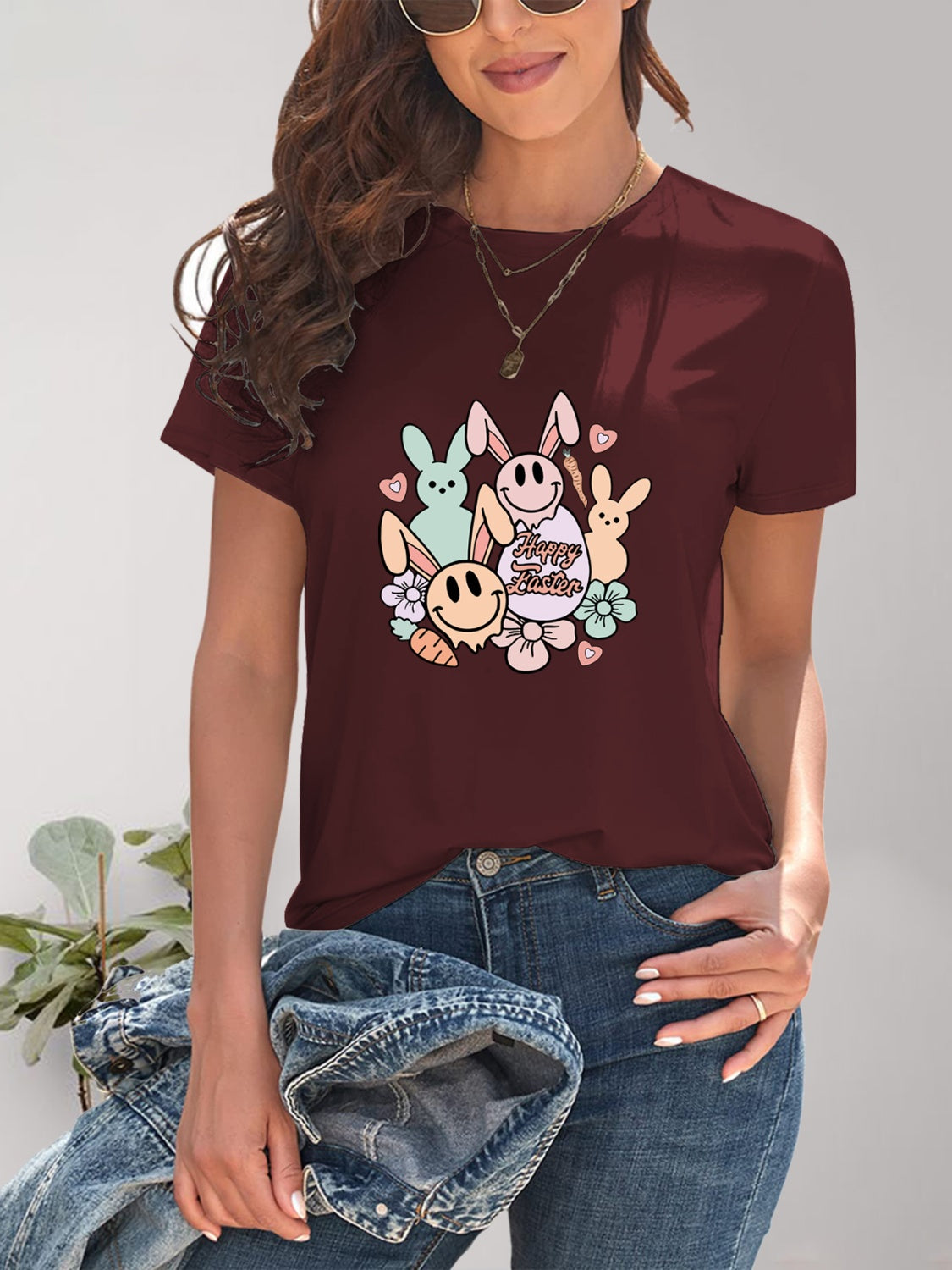 Maroon graphic round neck short sleeve T-shirt front