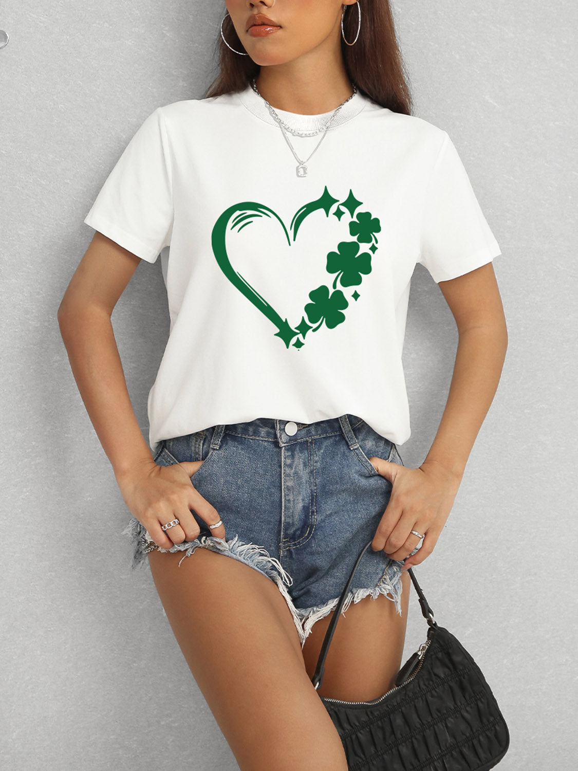White Heart Lucky Clover T-Shirt with denim shorts