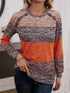 Orange decorative button contrast round neck long sleeve T-shirt.