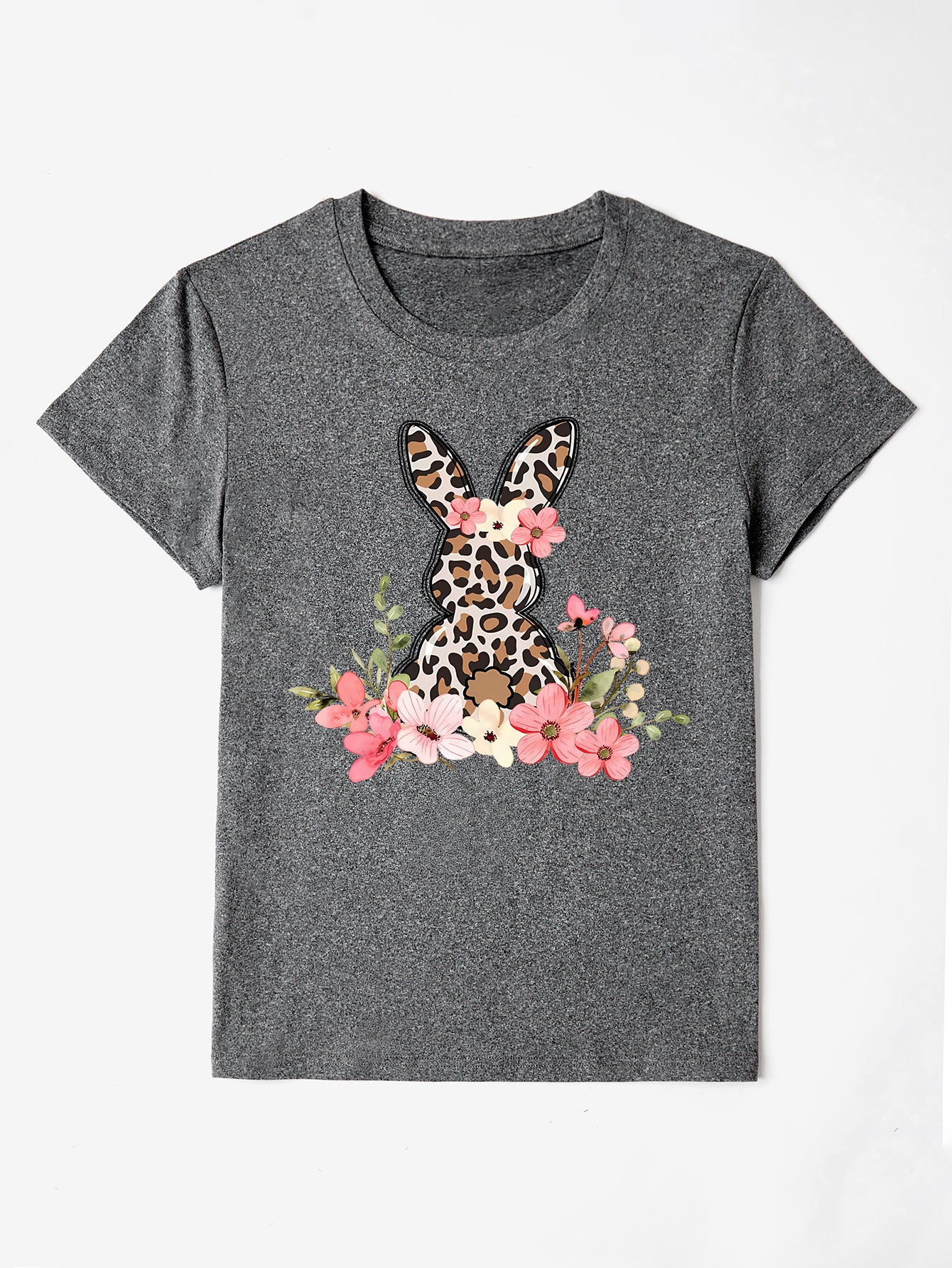 Charcoal rabbit round neck short sleeve t-shirt with floral design