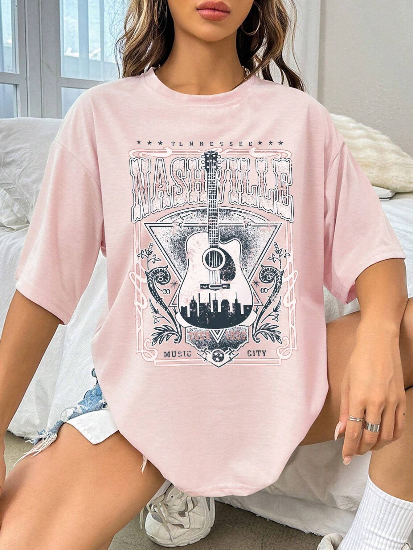 Pink Nashville guitar graphic round neck t-shirt