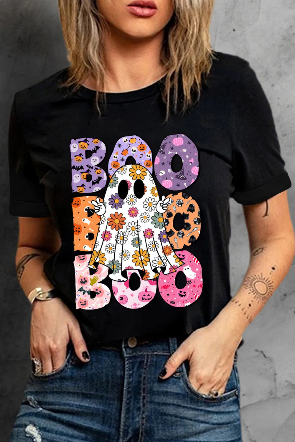 Model wearing BOO Ghost Graphic Short Sleeve T-Shirt