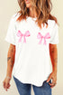 White T-shirt with pink bow graphic on front