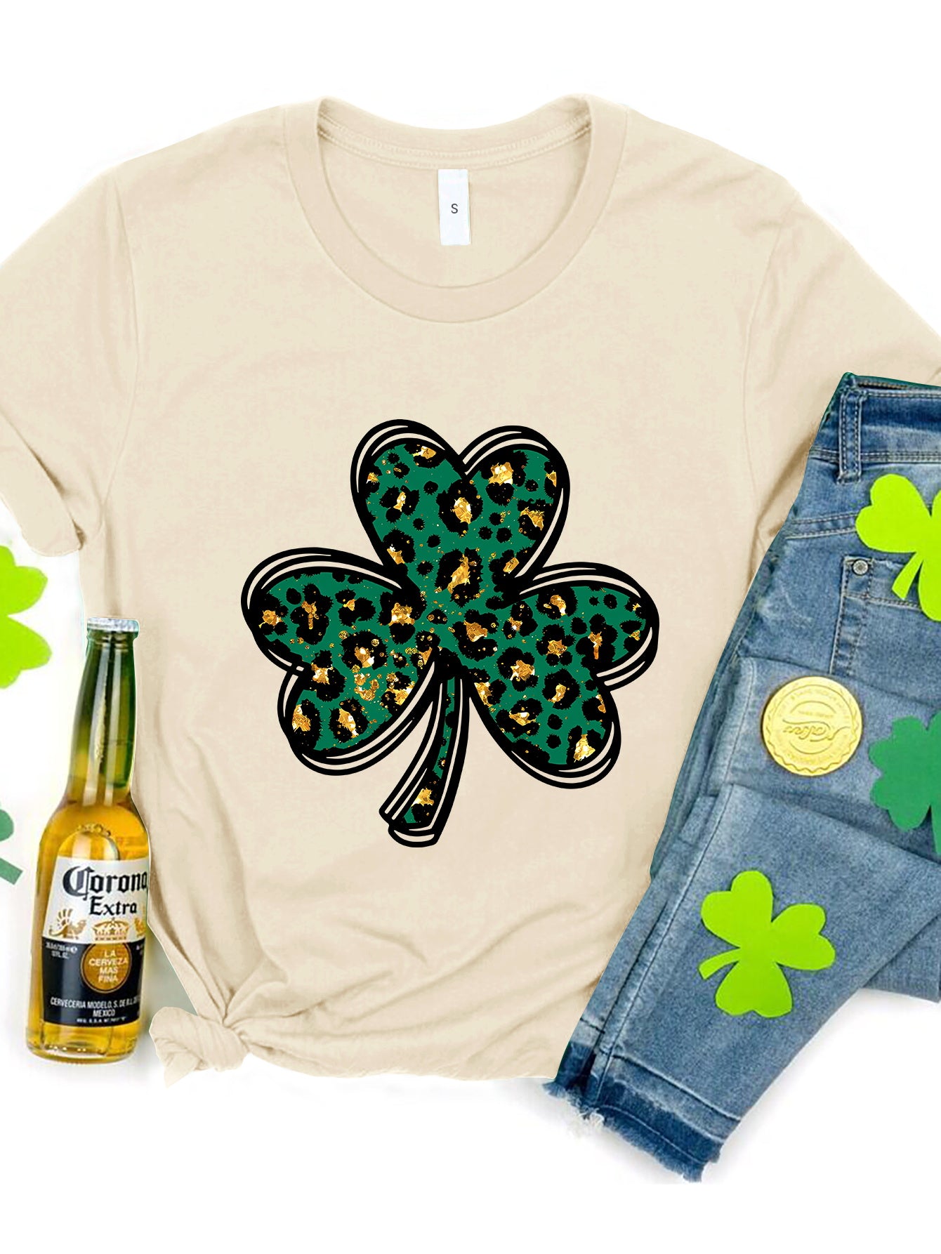 Beige Lucky Clover T-Shirt with leopard print design