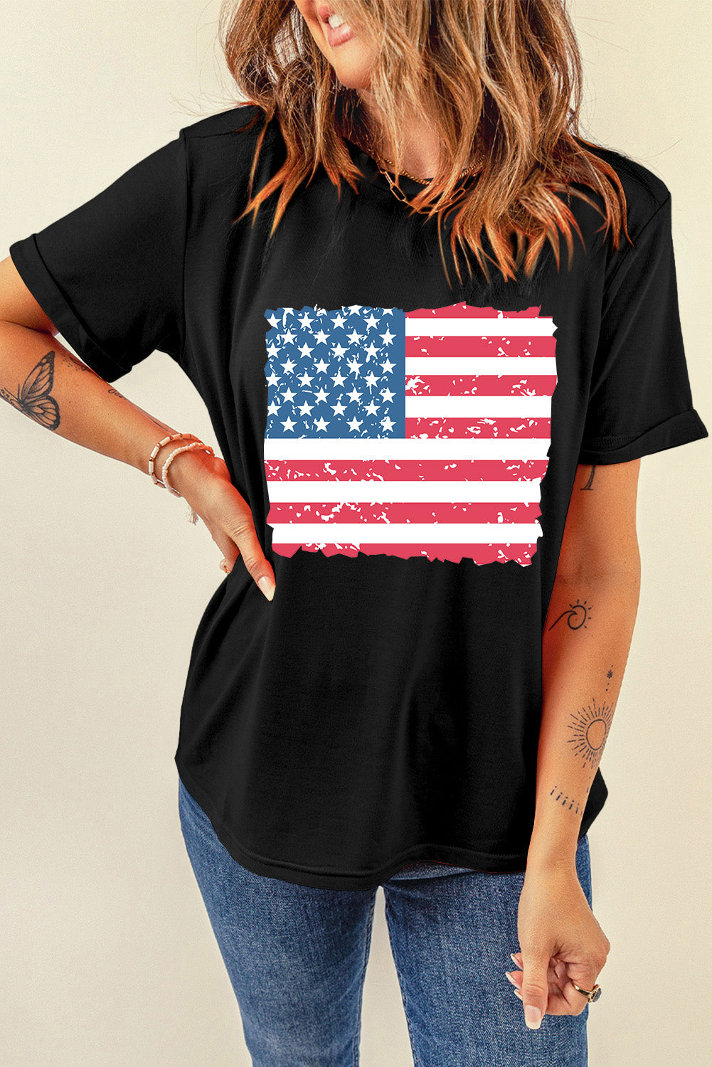 US Flag Round Neck Short Sleeve T-Shirt, angled view