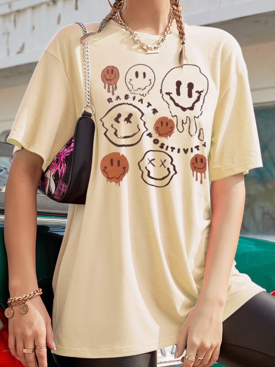 Graphic round neck half sleeve t-shirt with smiley faces