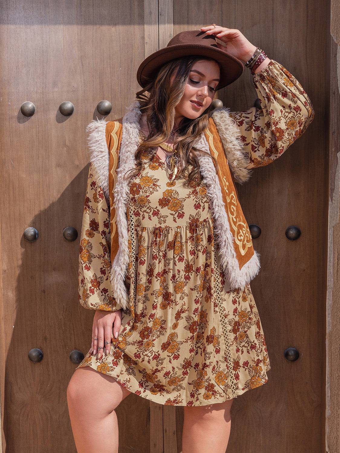 Floral V-neck mini dress with vest and balloon sleeves