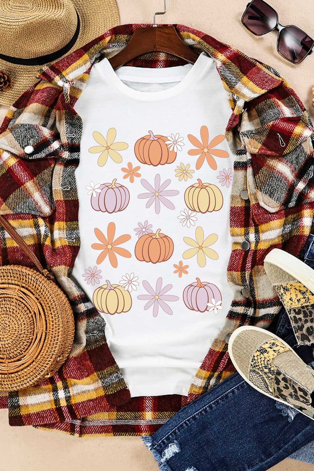 Pumpkin & Flower T-Shirt styled with plaid jacket.