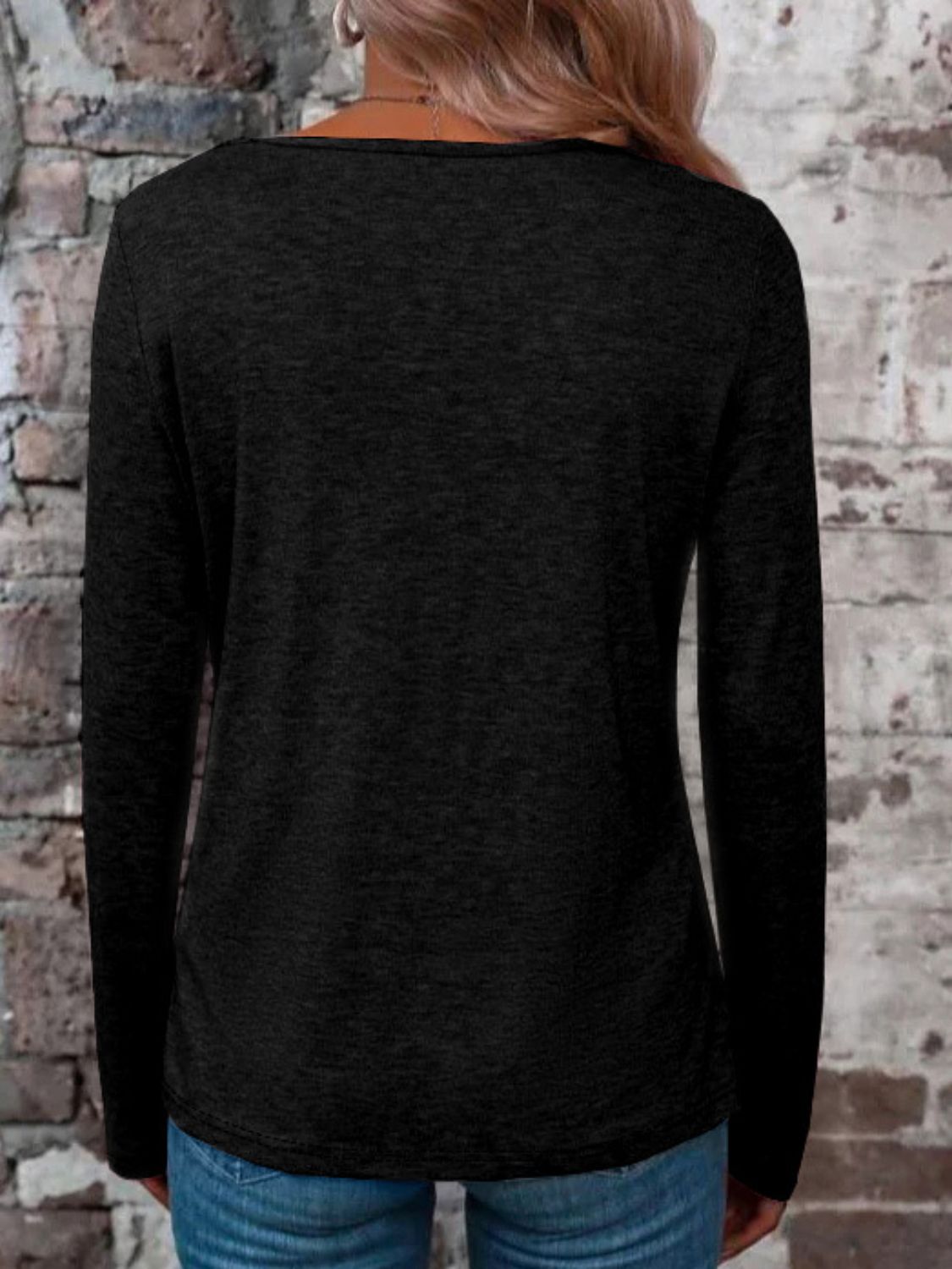 Black crisscross V-neck long sleeve T-shirt, back view