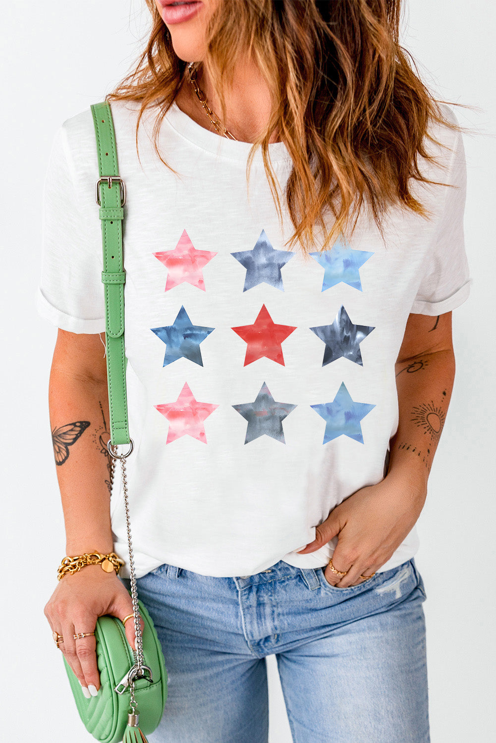 Star print round neck T-shirt, short sleeves, casual style