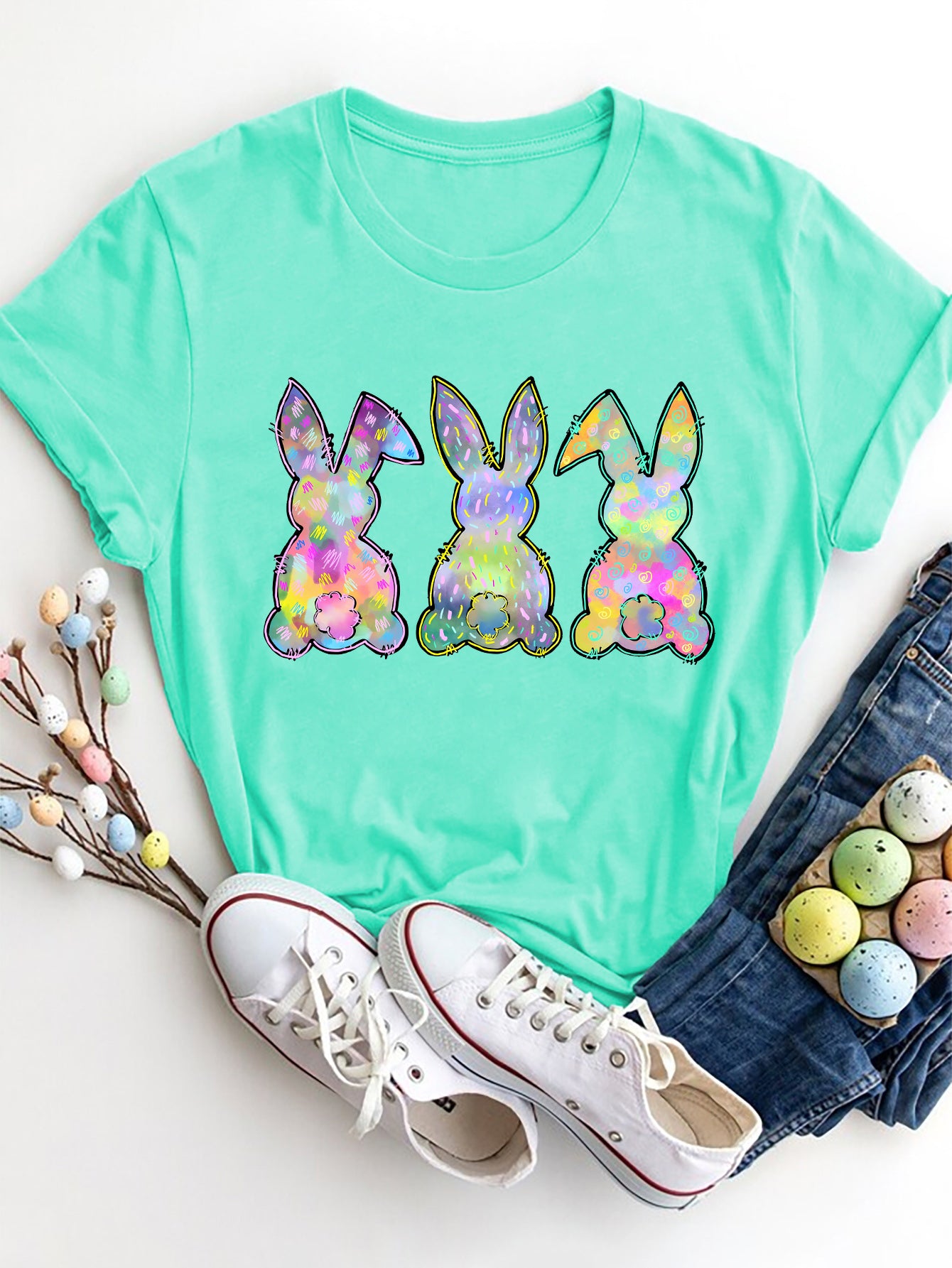 Mint rabbit print round neck short sleeve t-shirt