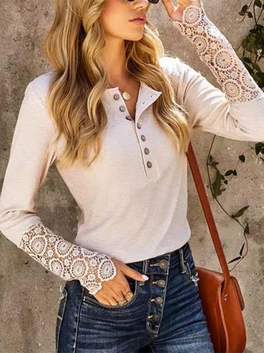 Lace detail round neck long sleeve T-shirt, side view