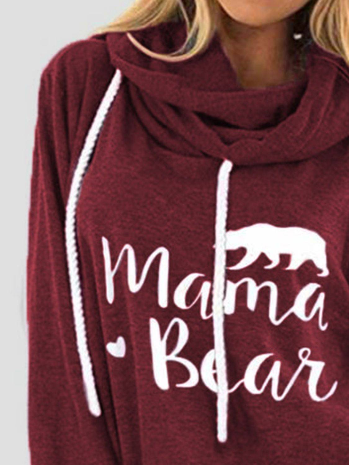 Close-up of maroon Mama Bear hoodie design