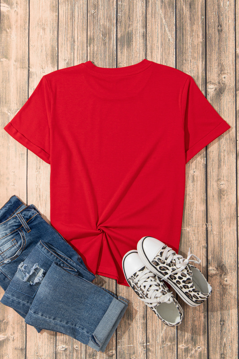 Red T-shirt back, styled with jeans and sneakers