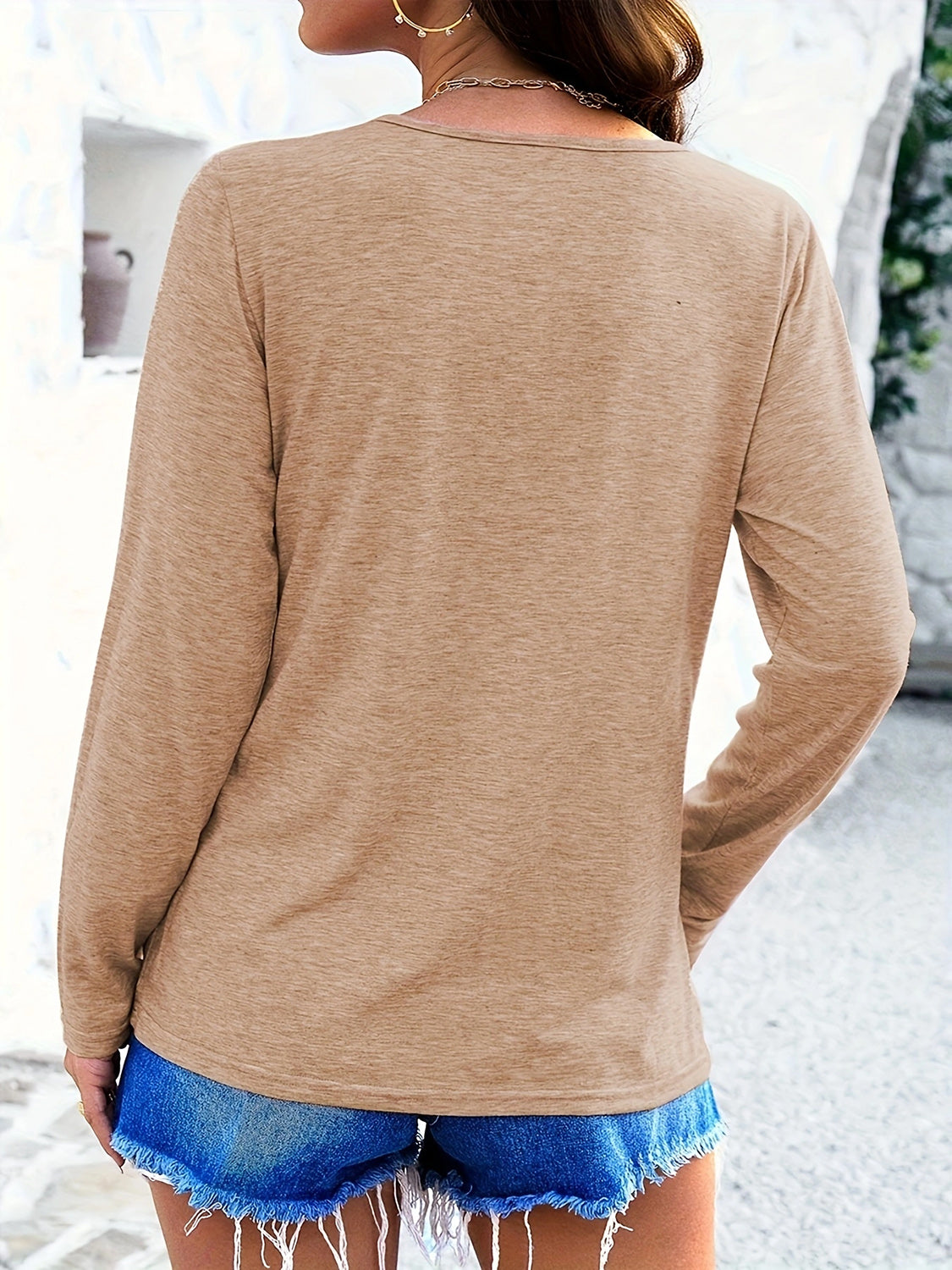 Beige crisscross V-neck long sleeve T-shirt, back view