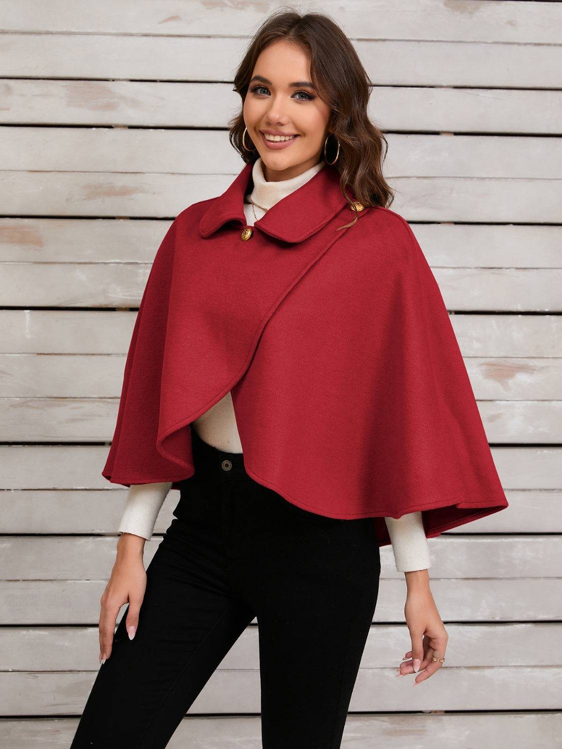 Red collared neck cropped cape, side view