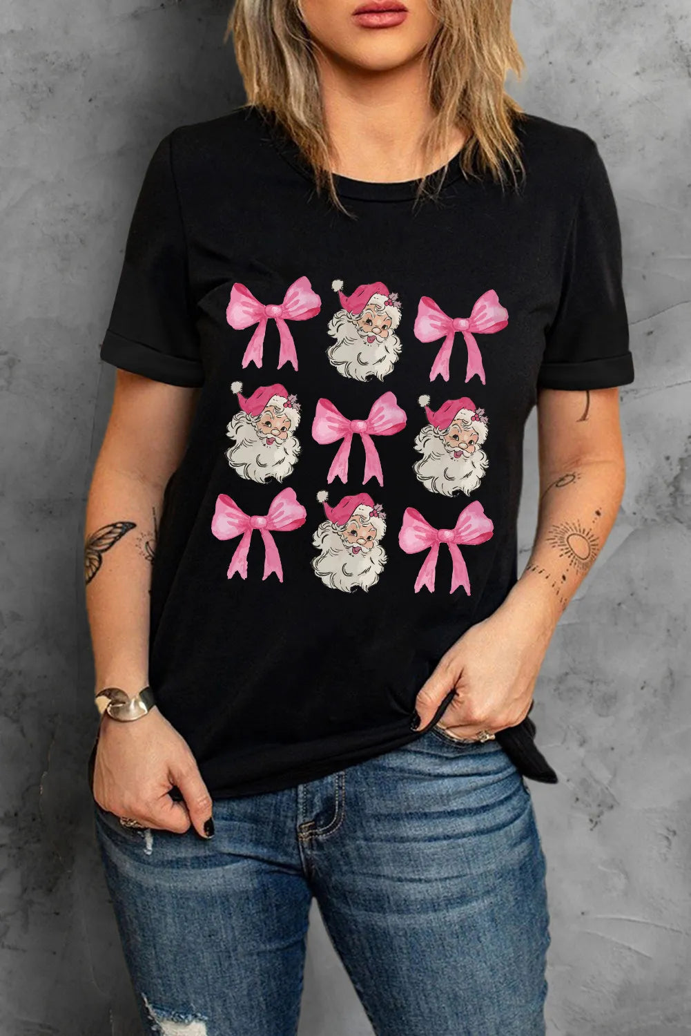 Santa & Bow Graphic Round Neck T-Shirt worn by model