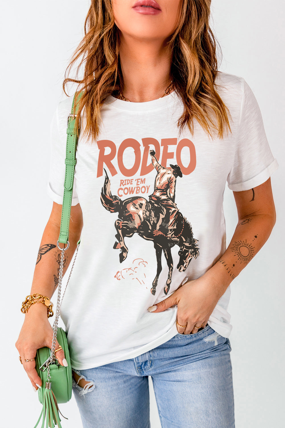 White cowboy graphic round neck t-shirt, short sleeves.