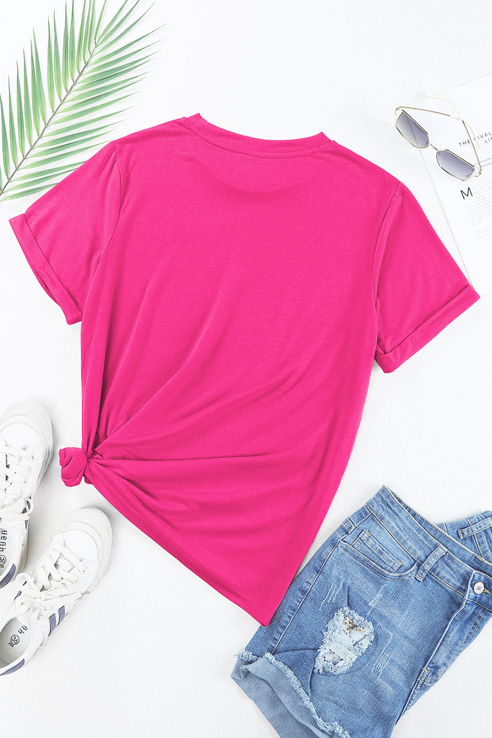 Pink flower round neck short sleeve t-shirt, back view styled