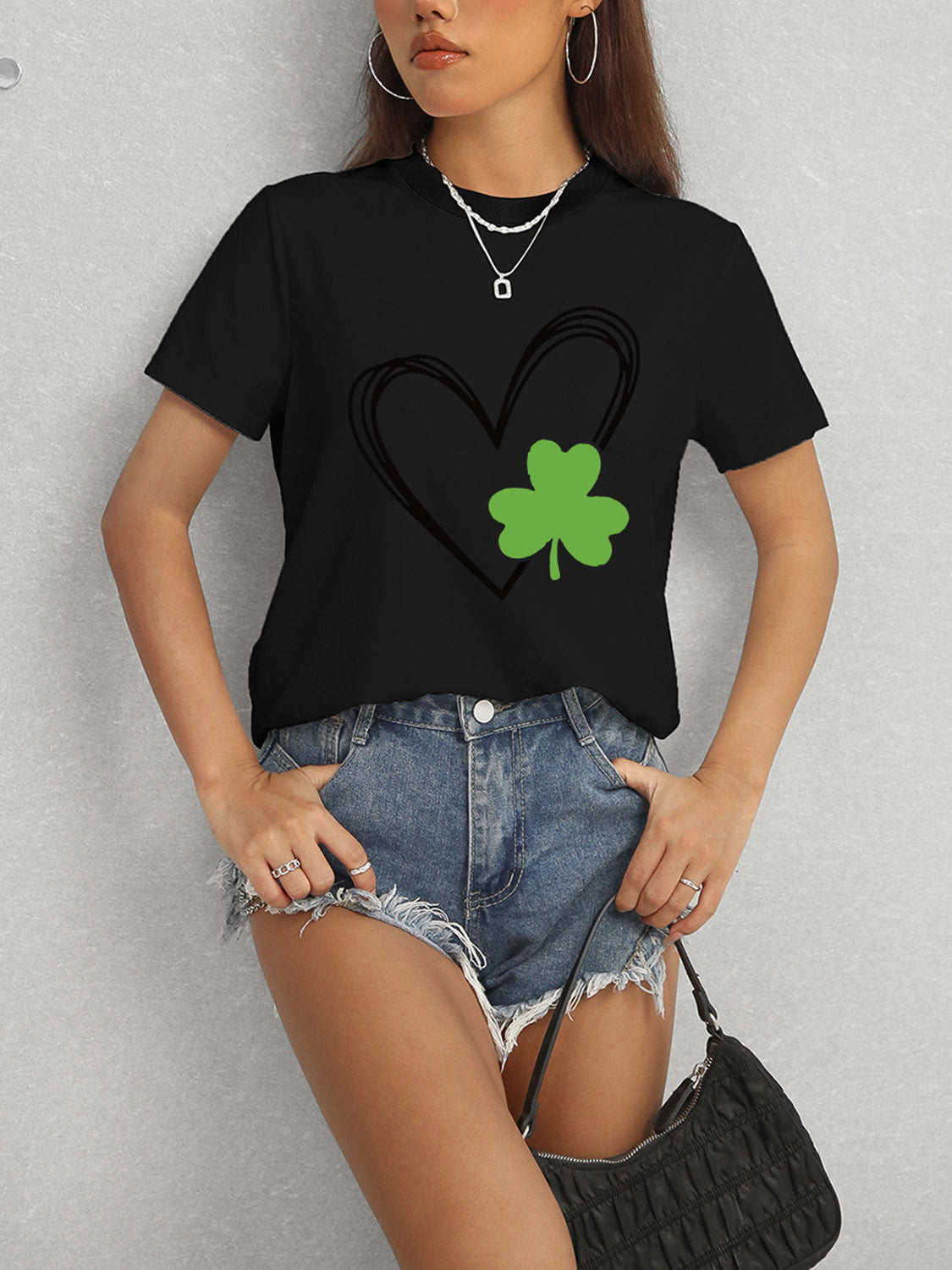 Black Heart Clover T-Shirt with Denim Shorts