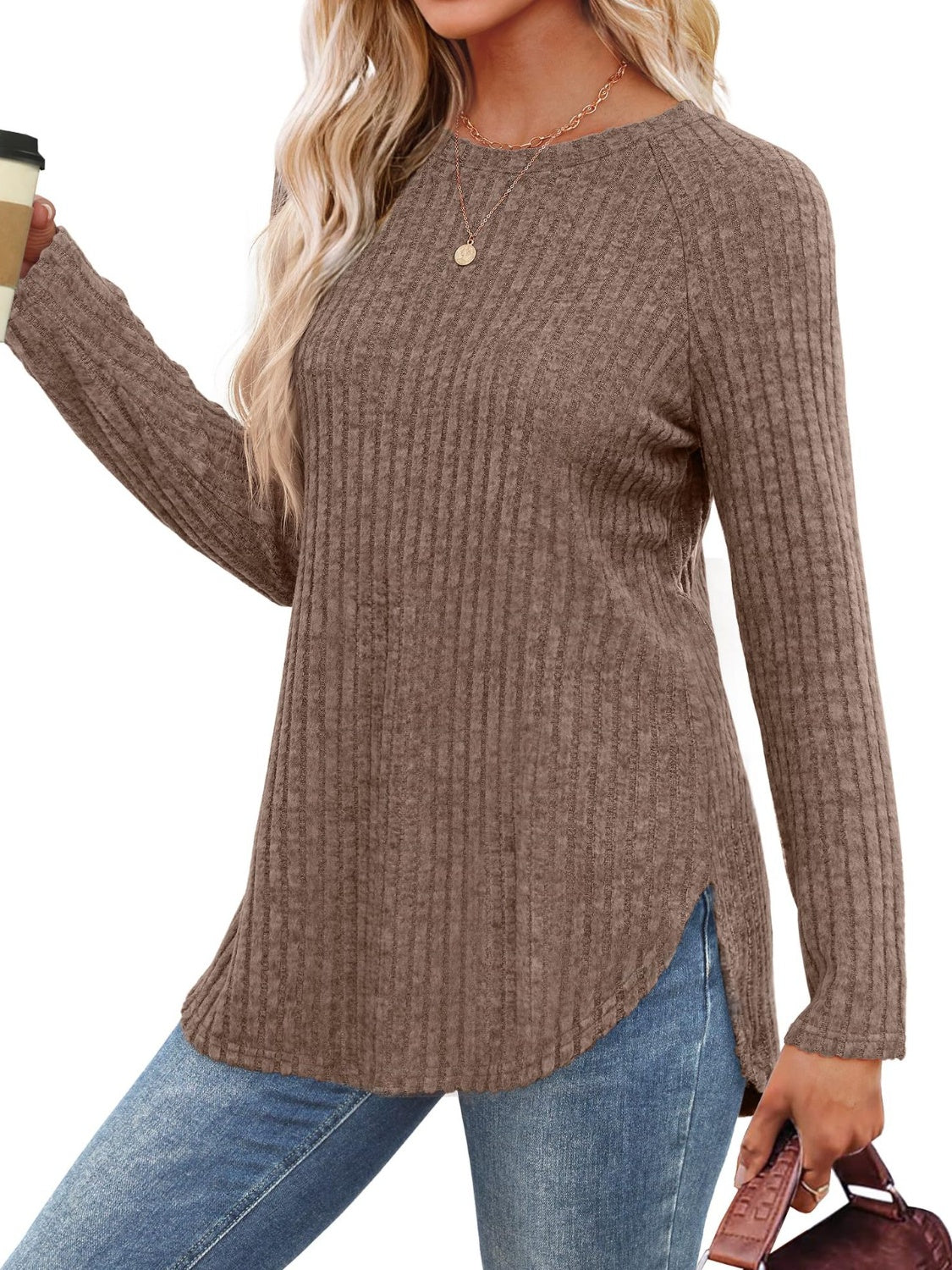 Brown ribbed round neck raglan sleeve t-shirt with coffee