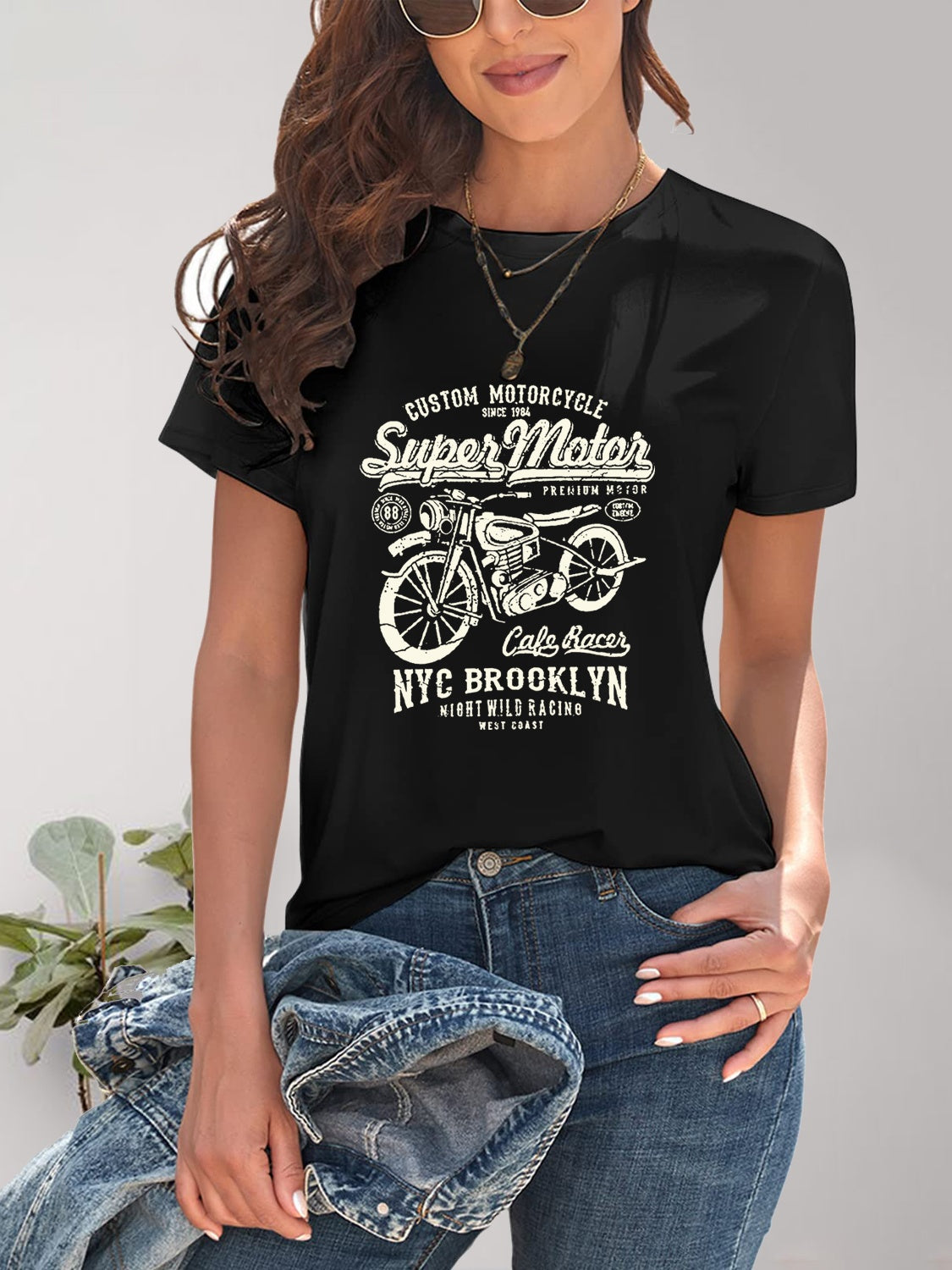 Black motorcycle graphic round neck T-shirt, front view