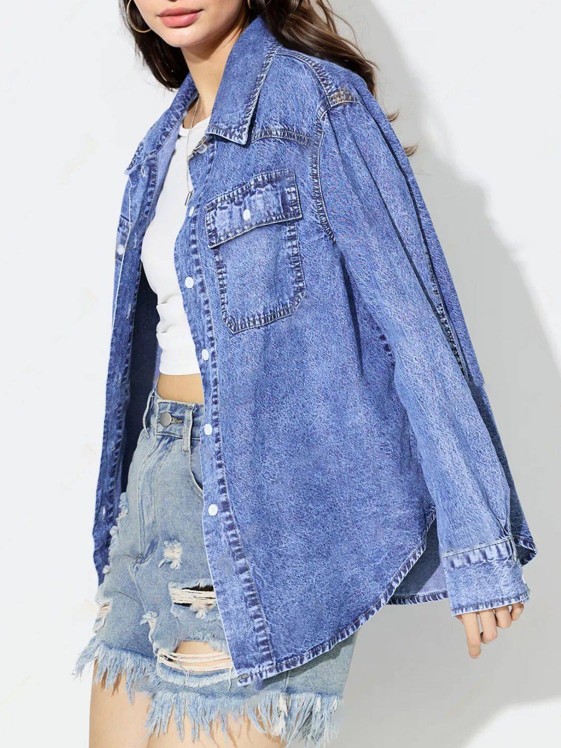 Curved hem collared neck denim top, side view