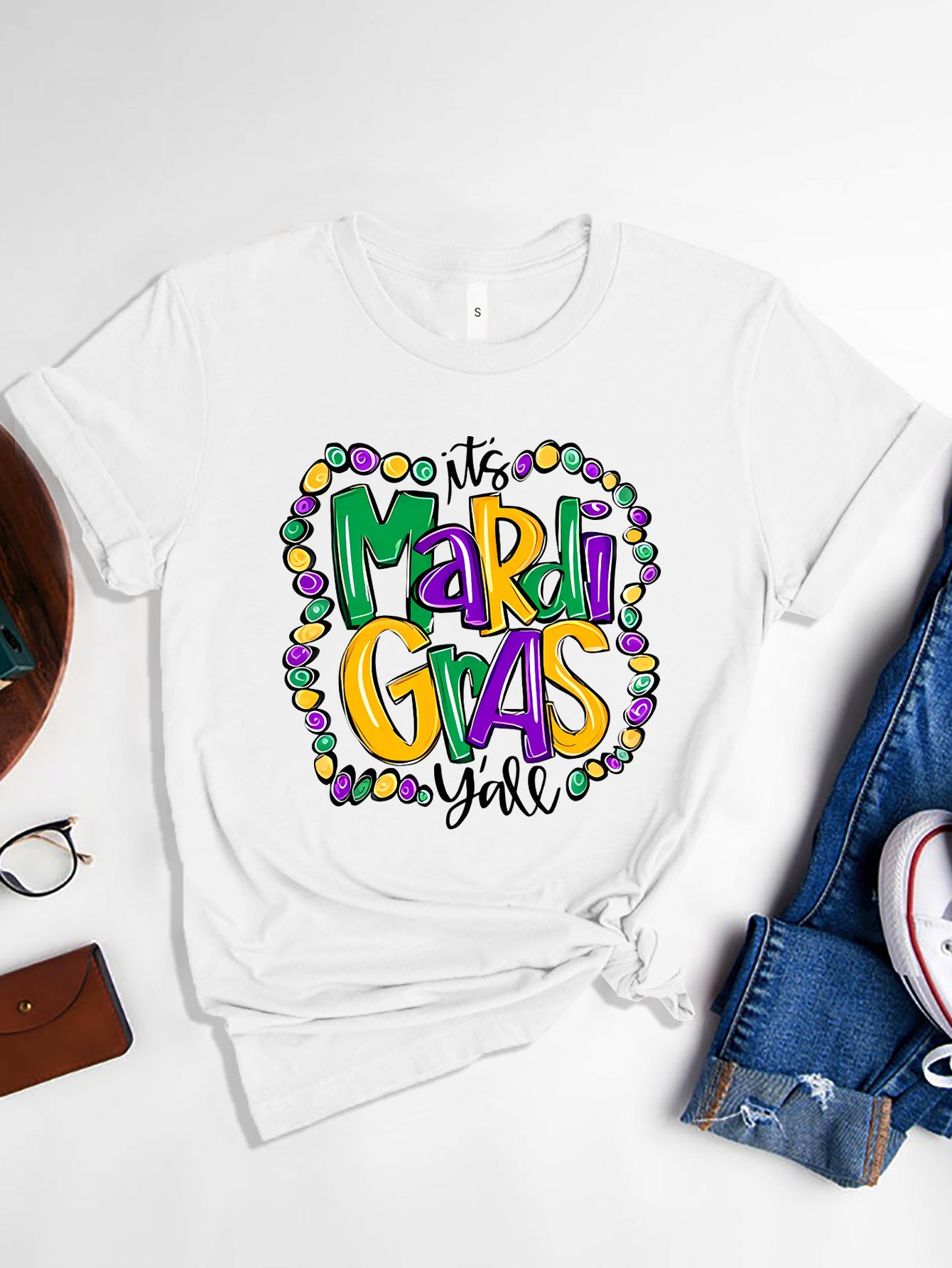 White Mardi Gras T-shirt with colorful design