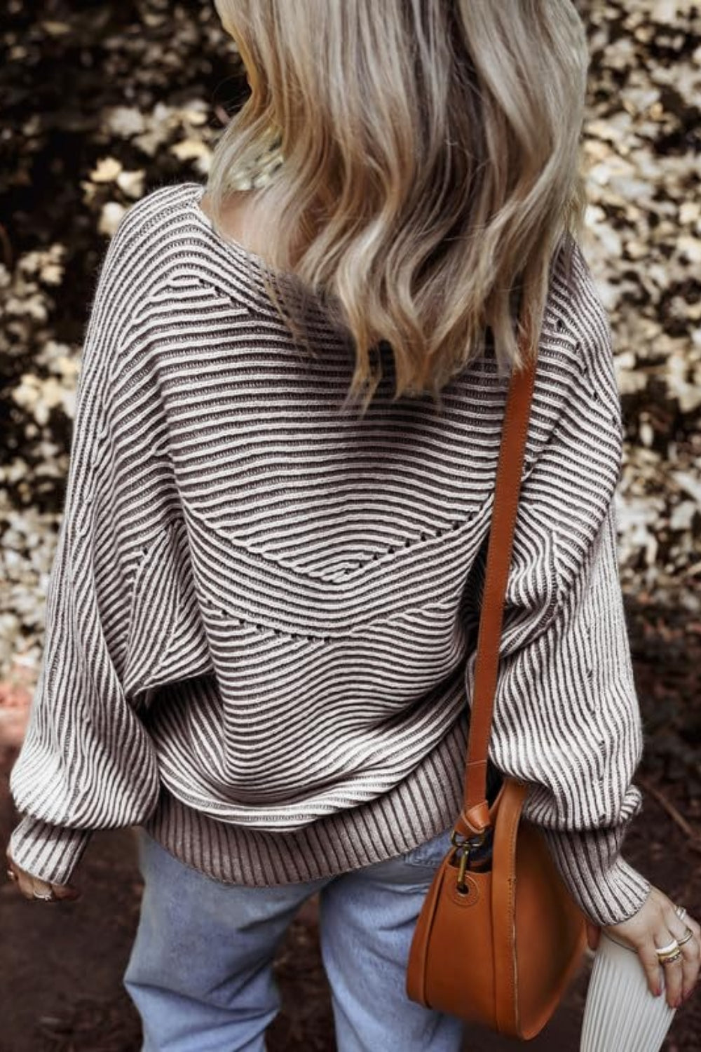 Brown textured striped round neck long sleeve top