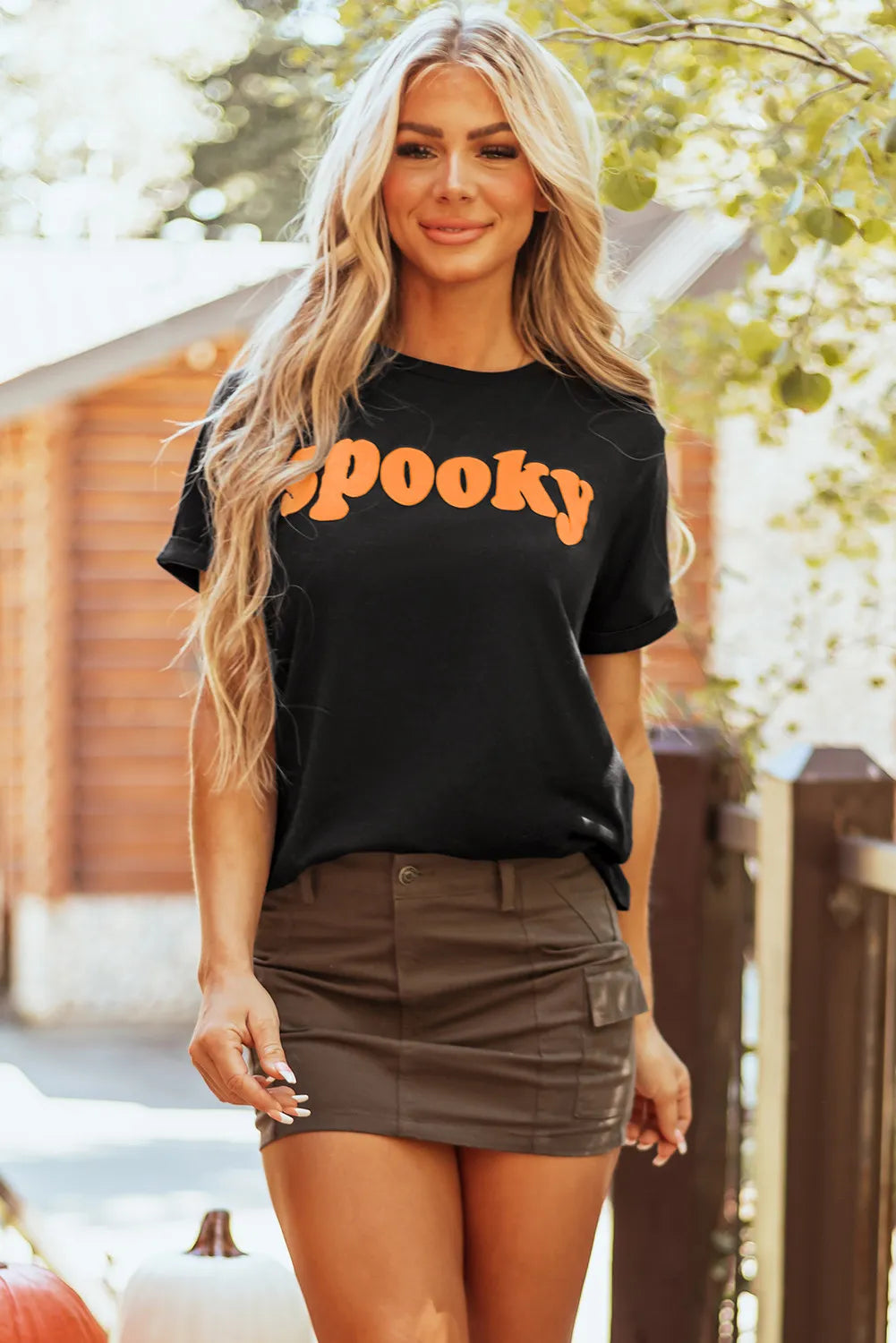 SPOOKY black round neck short sleeve t-shirt outdoor setting