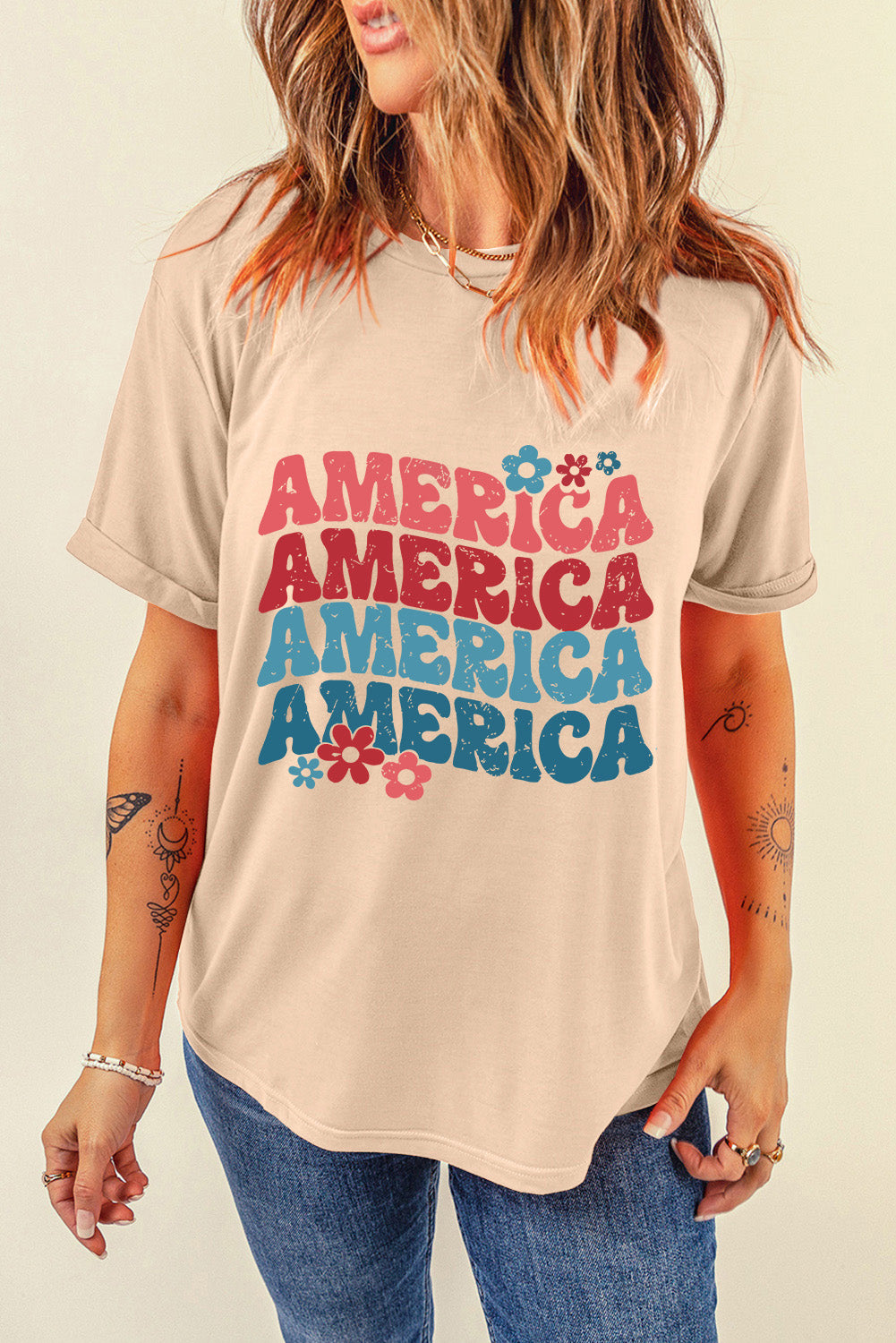 Model wearing AMERICA round neck short sleeve t-shirt