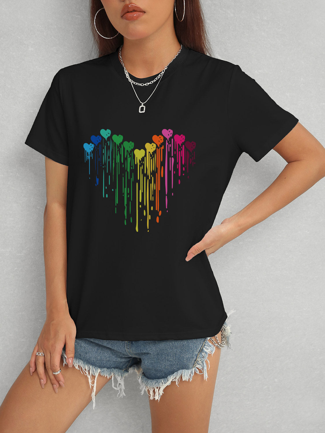 Black heart round neck short sleeve t-shirt with rainbow design