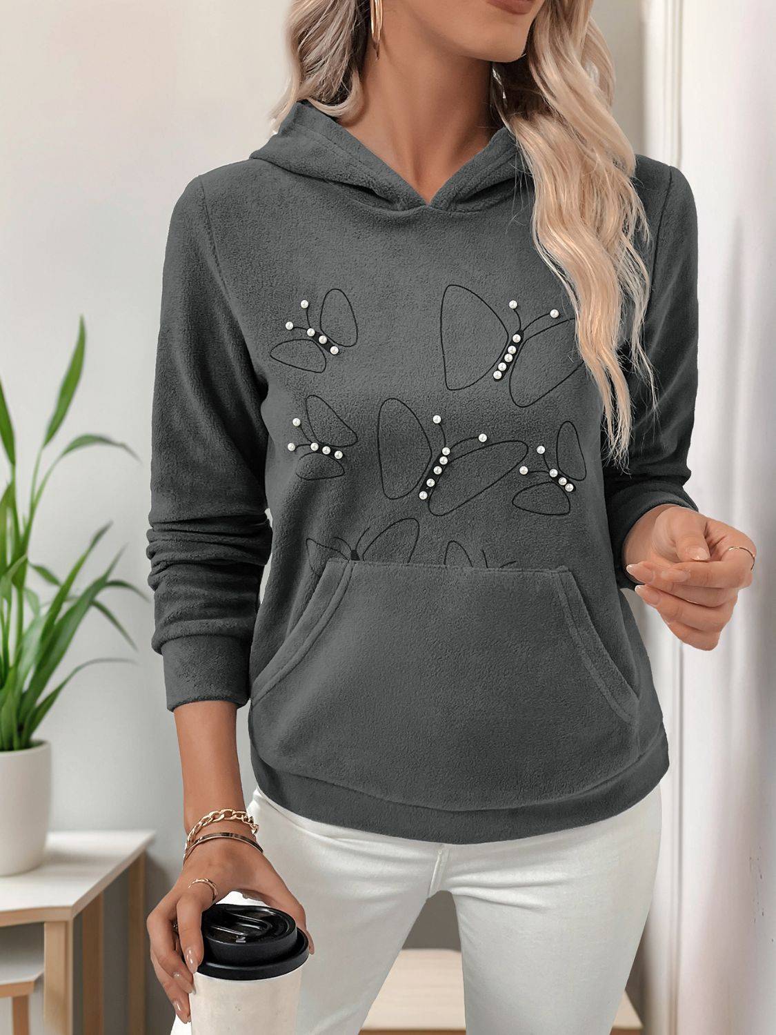 Perfee Pearl Butterfly Hoodie with coffee cup