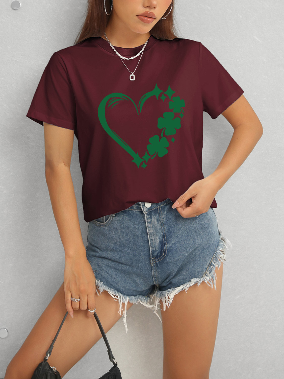 Burgundy Heart Lucky Clover T-Shirt and denim shorts