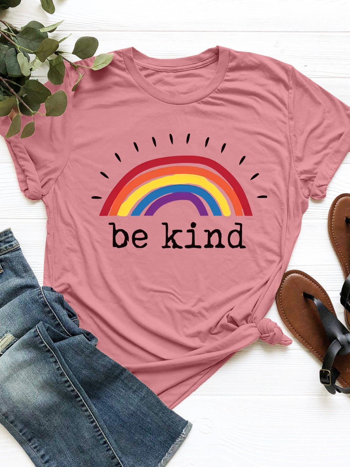 Pink graphic round neck short sleeve T-shirt with rainbow design