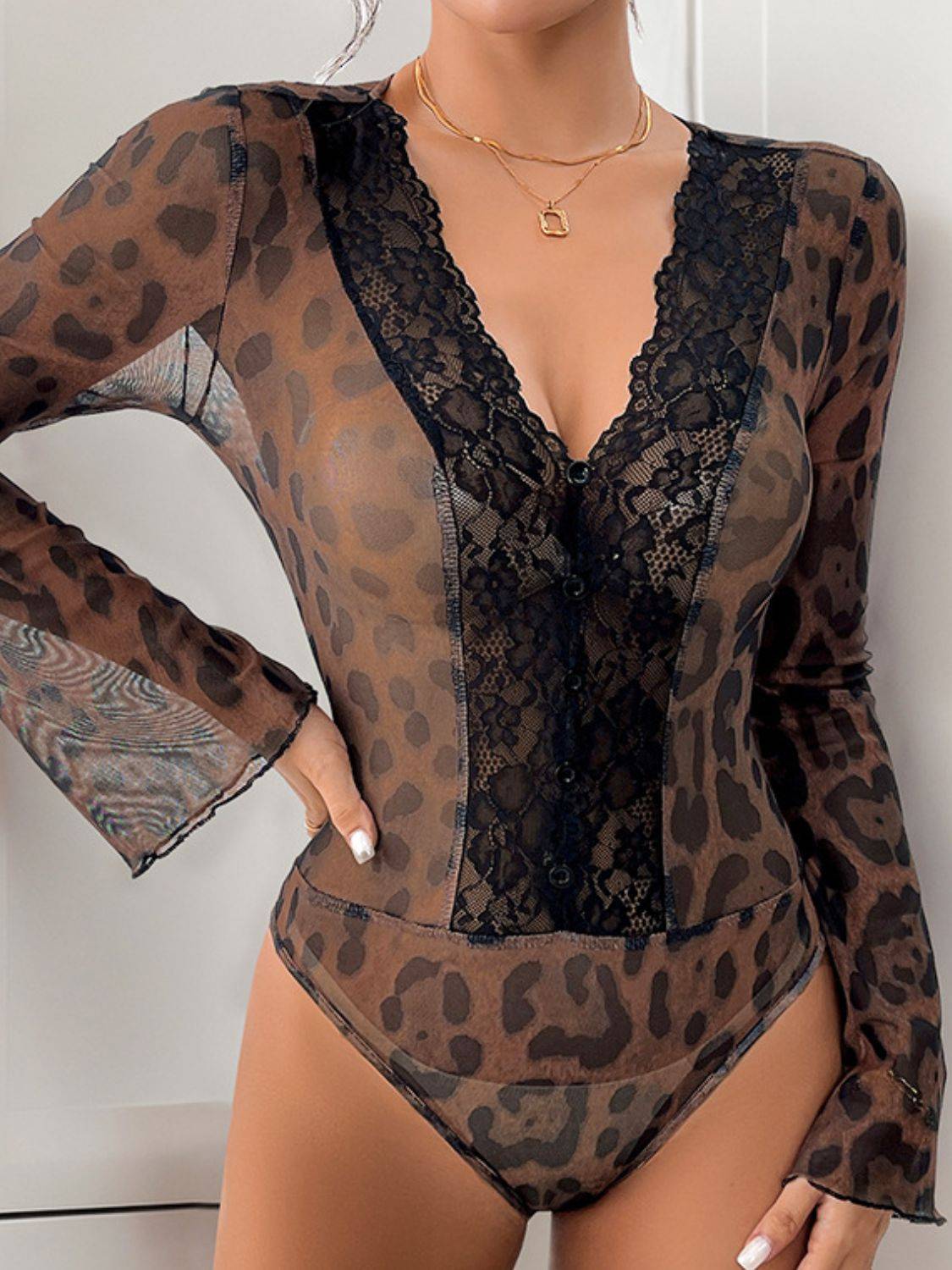 Front view of leopard V-neck lace bodysuit